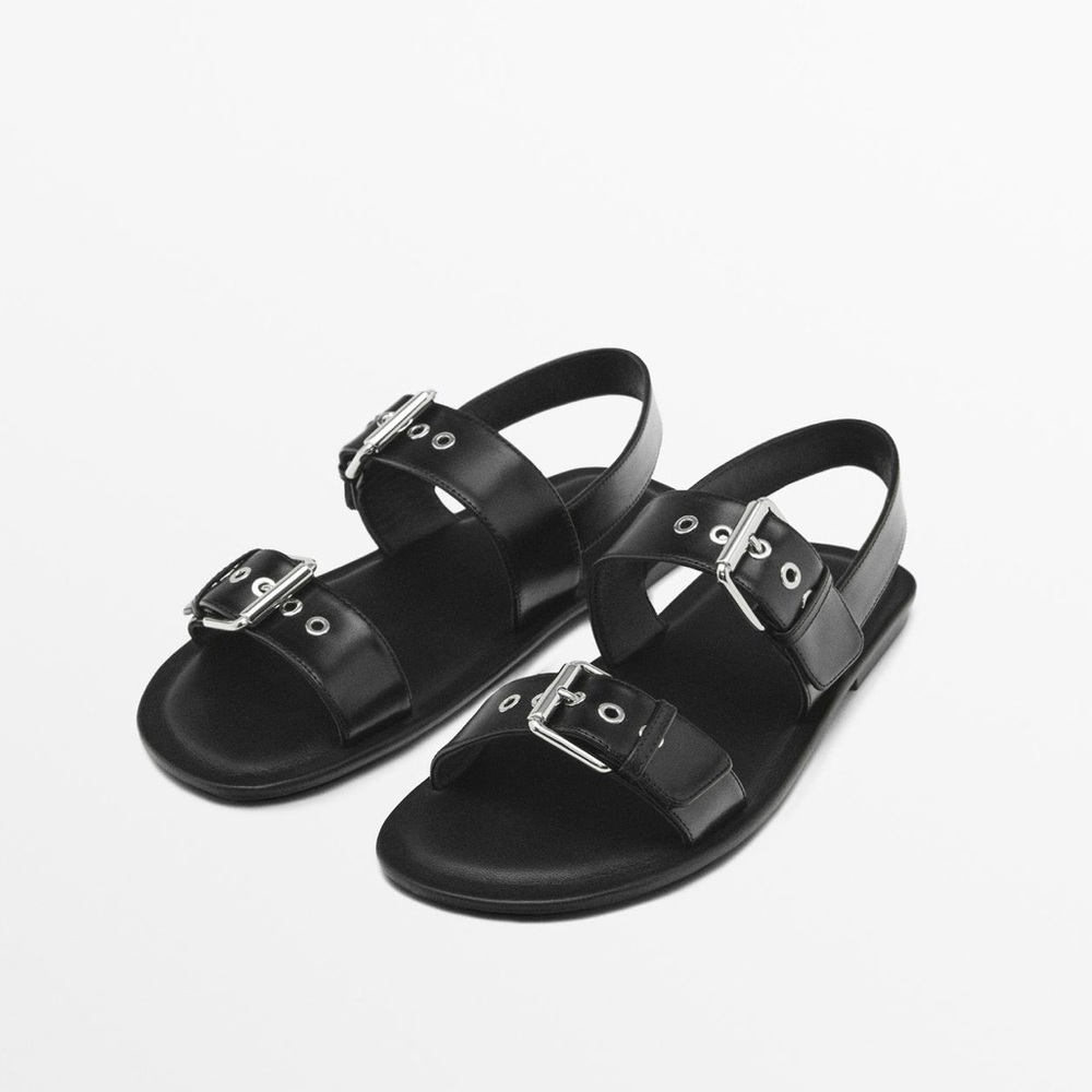NWT. Massimo Dutti Black Leather Flat Slider Sandals with Buckles. Size 8.